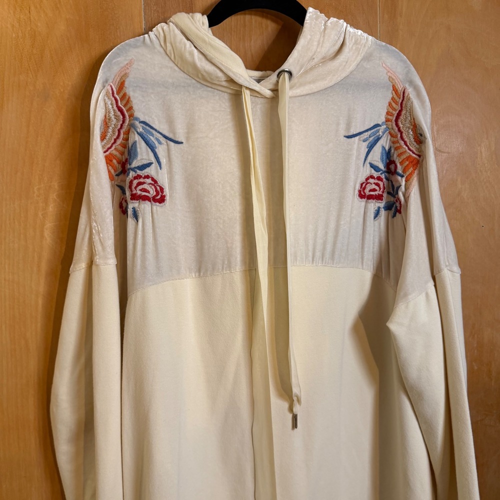 Love Johnny Was Cream Embroidered‎ Birds Velvet Hoodie Sweatshirt Small - Picture 3 of 11